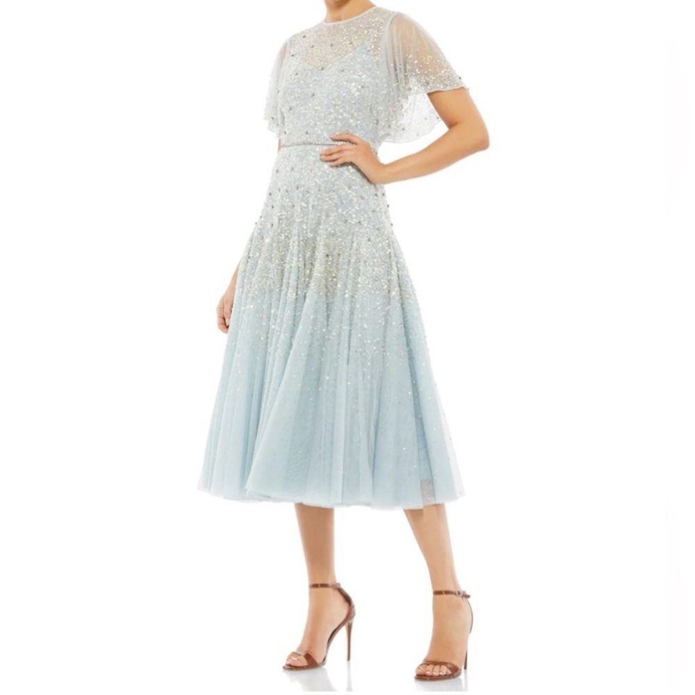 MAC DUGGAL 93655 Powder Blue Cape Sleeve Beaded Tea Length A-Line Dress- Reemoly